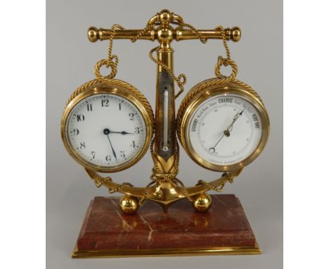 A novelty clock and barometer, modelled centrally with an anchor, mounted with a thermometer, flanked by a timepiece and baro
