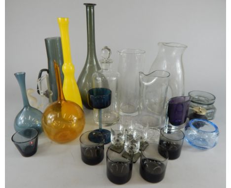 A collection of Art Glass, to include vases, decanter and stopper, a purple vase labelled Krsno etc. (2 trays)