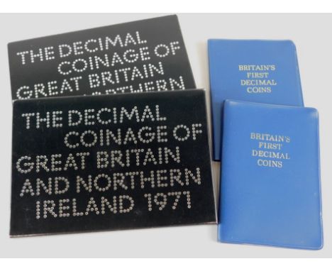 Two sets of Royal Mint decimal coinage for 1971, and two versions of Britain's first decimal coins