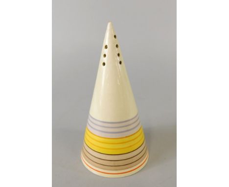 A Clarice Cliff Bizarre conical sugar caster, decorated with plain bands in two tones of grey, yellow, orange and two tones o