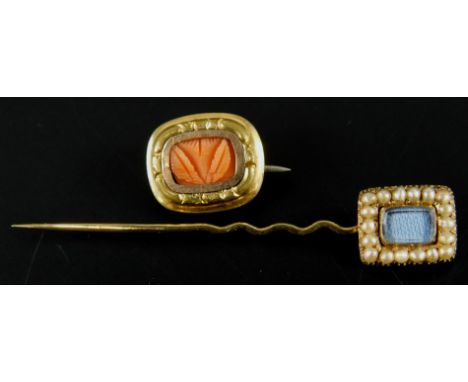 Two Victorian items, to include a yellow metal stick pin, set with seed pearl and memorial panel, and a small brooch, with co