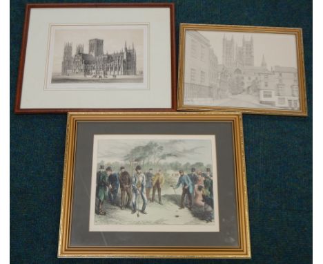 Gilberts, after H Harnal.  Golfing scene, coloured print, plate size 25cm x 33.5cm, limited edition print of Lincoln Cathedra