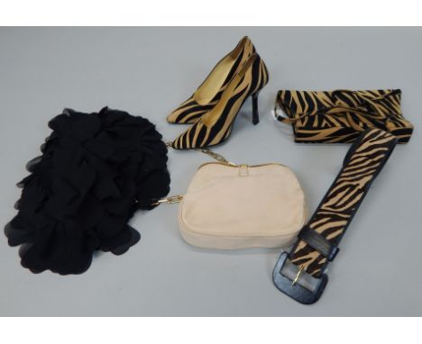 Various items of vintage costume, to include a pair of Charles Jourdan ladies' zebra print shoes, a similar belt etc.
