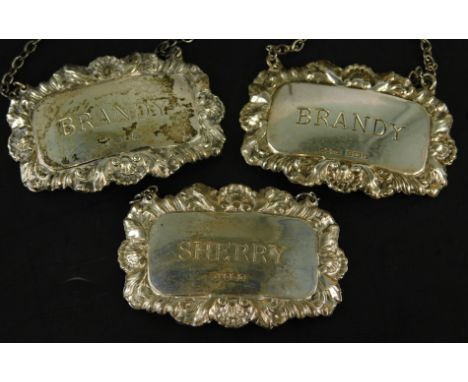 Three associated Elizabeth II decanter labels, for Sherry and Brandy (3)