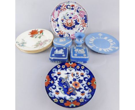 Miscellaneous ceramics, to include a Delft style pottery mantel clock, Wedgwood Jasperware, Victorian printed plates, Ironsto