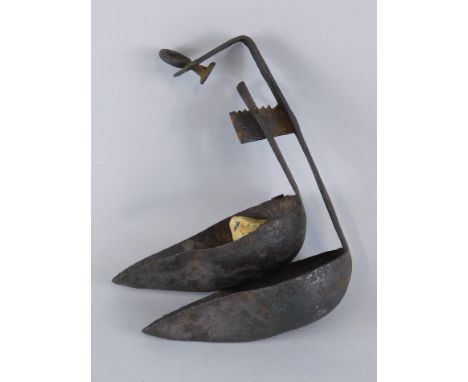 An 18th/early 19thC two section wall mounted iron oil lamp etc.