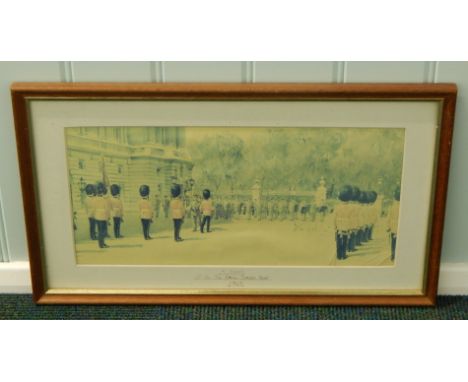 Terence Cuneo.  The Guard of the First Battalion The Royal Sixth Regiment, dated 1963, print, unsigned, 19cm x 39cm.