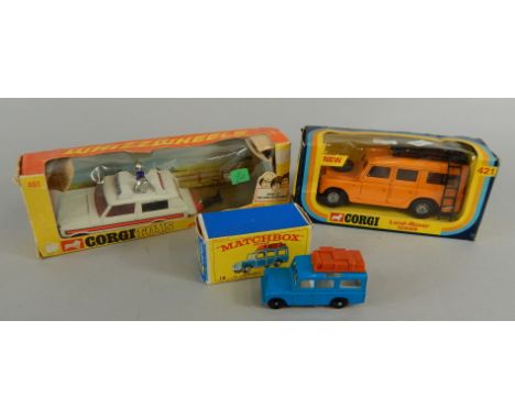 A Corgi Toys Whizz Wheels Police Vigilant Range Rover, Land Rover 109WB and a Matchbox Lesney Safari Land Rover. (3, boxed)