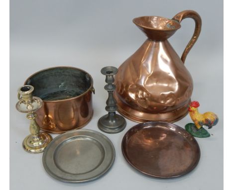 Miscellaneous metalware, to include a large copper flagon, pewter candlestick, silver plated candlestick etc.
