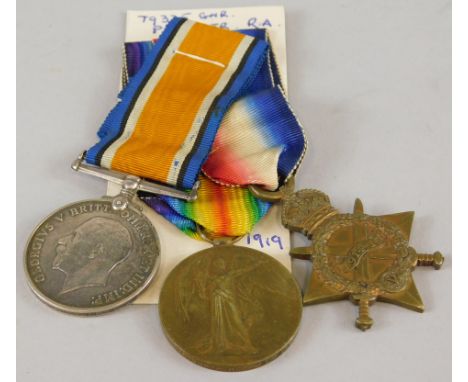 Three First World War medals, awarded to a Gunner P Hooper of the Royal Artillery, the Victory medal, the 14-15 Star and the 