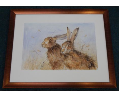 After Kate Wyatt.  Two hares, artist signed limited edition print No. 258/295, 36cm x 53cm
