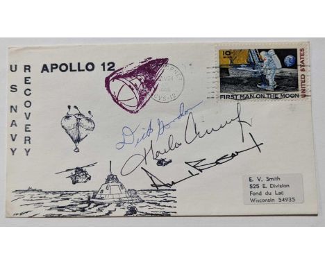 A first day cover commemorating the Apollo 12 mission, postmarked USS Hornet 24th November 1969, bearing signatures of the cr