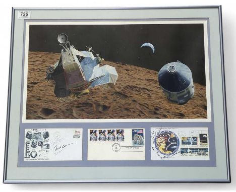 A framed and glazed display of a piece of artwork depicting a scene from the moon looking towards earth with a lunar excursio