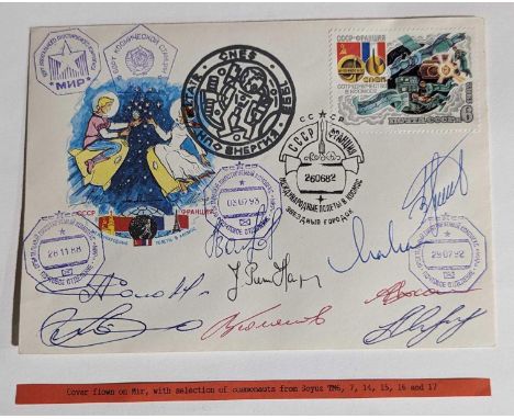 Cosmonauts - a first day cover bearing signatures of cosmonauts from the Soyuz TM6, 7, 14, 15, 16, and 17 missions, variously