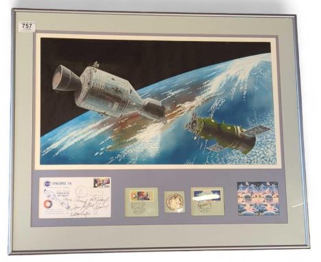 A framed and glazed display including a watercolour of earth viewed from space with lunar modules to the fore, together with 