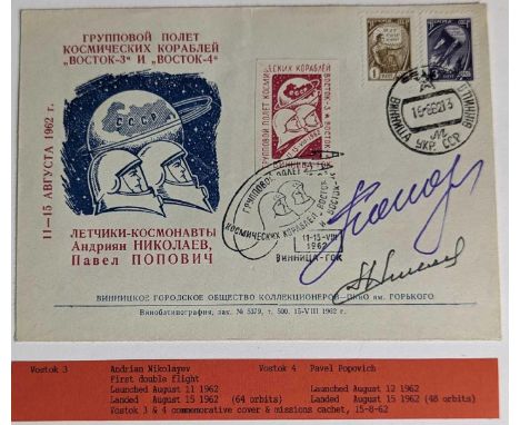 Cosmonauts - a Soviet era first day cover 1962, signed by Andrian Nikolayev in black ink and Pavel Popovich in purple ink **P