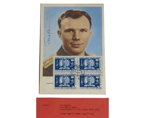 Cosmonauts - a polychromatic postcard of Yuri Gagarin, the first person to fly in space in April 1961, bears signature in blu