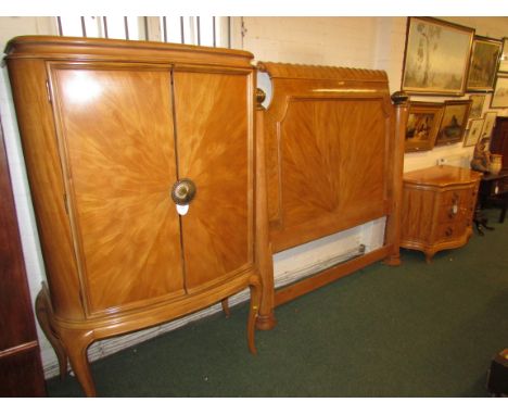 Striking late 20th century Biedermeier style bedroom suite in light figured wood veneer with embossed brass fittings manufact