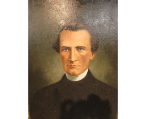 19th C oil on canvas head-and-shoulders portrait of vicar (74cm x 58cm) on a moulded gilt gesso frame