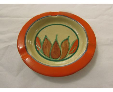 Clarice Cliff Fantasque ashtray, orange border, painted with stylized brown and orange flowers, diameter 12.5cm
