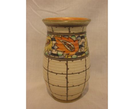 A Charlotte Rhead for Crown Ducal pottery vase, beige ground with trellis and band of stylized foliage, painted signature and