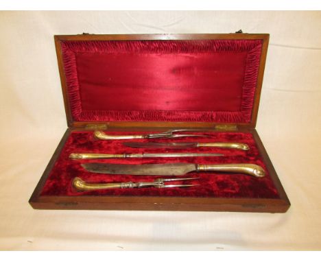 George V cased four piece carving set, Harrison Bros and Howson, silver handles marked for Sheffield, 1924, maker's stamp G.H