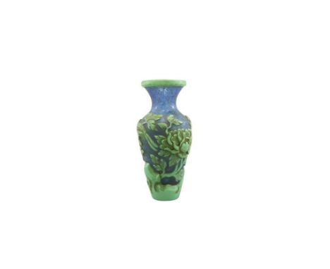 of baulster form, the body decorated in blue glass scales and turquoise relief floral and fauna design, 16 cm high