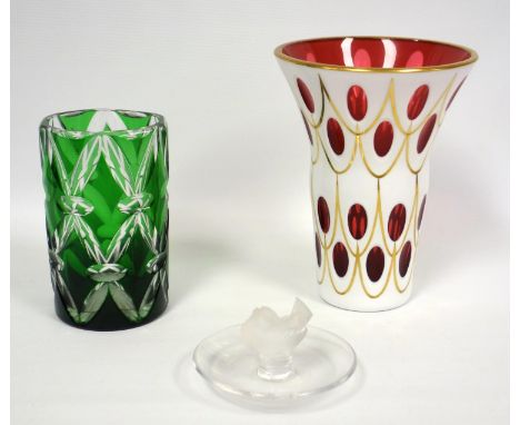 Lalique bird ring tray, a Bohemian ruby overlay vase, 17 cm and another in green (3) 