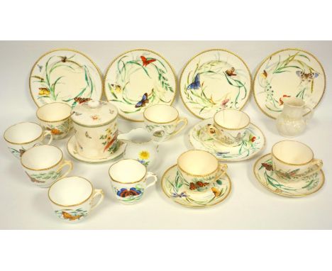 19th C. Worcester part tea set comprising eight cups, two saucers, five plates, painted with butterflies and flora, a coffee 