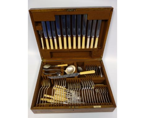 A part canteen of Mappin & Webb cutlery, six place setting, in an oak case.Condition report:Some ivorine kniff handles discol