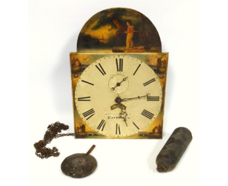 18th/19th century 30 day Longcase clock mechanism, the arched handpainted dial, with scene of a boy fishing, Roman numerals, 