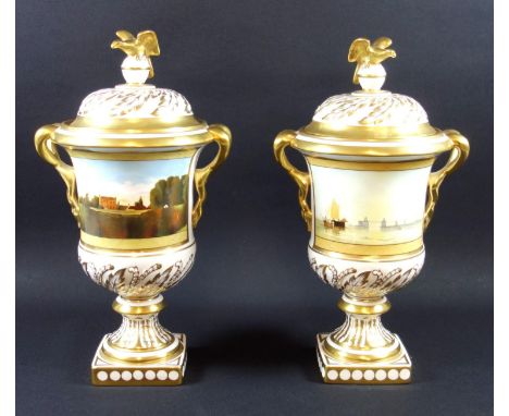 Coalport - a pair of campana vases with covers, commemorating the bicentenary of birth of the painters J.M.W Turner, and John