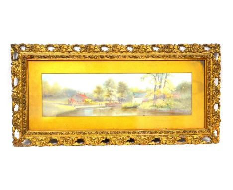 19th C. canal scene with barge, watercolour in openwork gilt frame, 15 x 54 cm, 20th C. painting with ponies and children in 