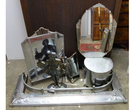 A group of Art Deco items, a mirror with' winged'metal mounts, a bevelled mirror  a firescreen, novelty  companion set, coal 