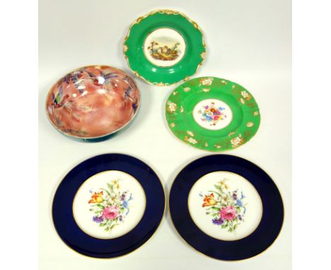 Mixed group of china, Burleighware lustre bowl, decorated with colourful birds, 19th C. cabinet plate,  two others by Worcest