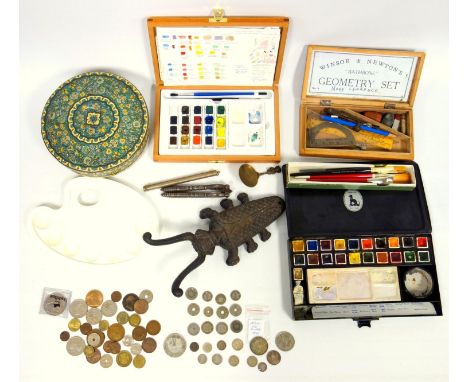 Mixed group of items including cast iron boot jack, artists paints, various and silver coins, silver collared bamboo walking 