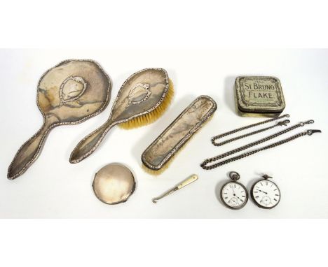 Edwardian silver hand mirror and brush set, a silver compact, two silver pocket watches and heavy silver Albert chain (10) 
