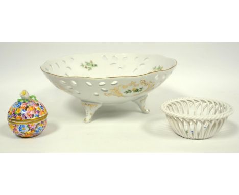 Herend Hungary, small hand painted pot pouri and basket, Hollohaza pierced bowl, Noritake Coffee set, Halcyon Days enamel box