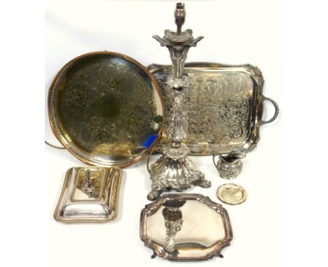 A group of silver plate including ornate table lamp, silver on copper galleried tray and other items (a lot) 
