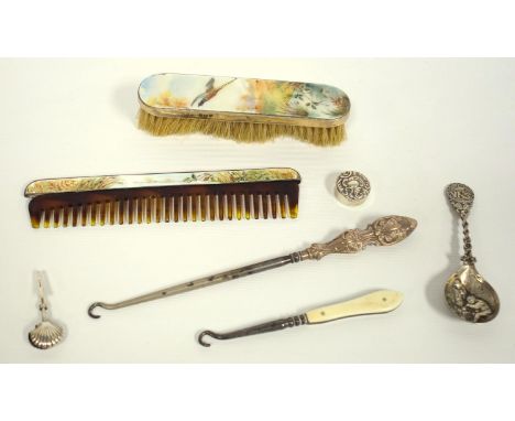 Group of items, silver rouge pot, Birmingham 1901, a silver napkin holder, boot pull, Dutch Shipping line spoon, and enamel d