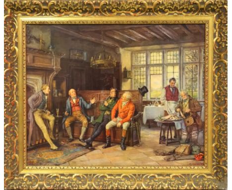M. Dovaston, 19th Century interior, gentlemen reminiscing. print on canvas, in a gilt frame 54 x 55.5 cm.