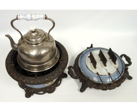 Antique Dutch spirit stove, the tin and copper kettle with Delft ceramic handle, Edwardian mahogany sewing box with fitted in