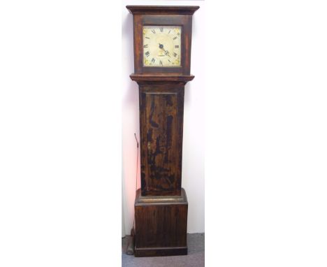 18th Century Longcase clock, the enamelled dial with Roman numerals, painted with a golden urn and leaf decoration, traces of