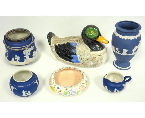 Wedgewood, dark blue Jasper Ware vase, other items of Jasper ware, a Poole Pottery dish, and a  Portuguese duck terrine (6) 