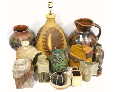 Studio Pottery, a large Rye pottery lamp base, 37 cm plus fitting, similar salt pig, slab built pottery and others (a lot) 