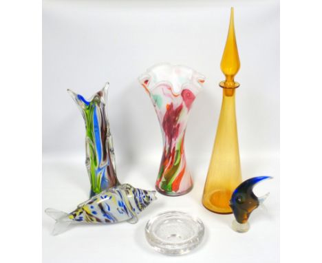 Group of mid 20th C Italian glass, including a heavy trunk form vase, other Italian glass and a Whitefriars glass bowl, talle