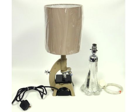 Novelty table lamp, converted from a Robin microscope, and a mid 20th Century glass table lamp (2) 