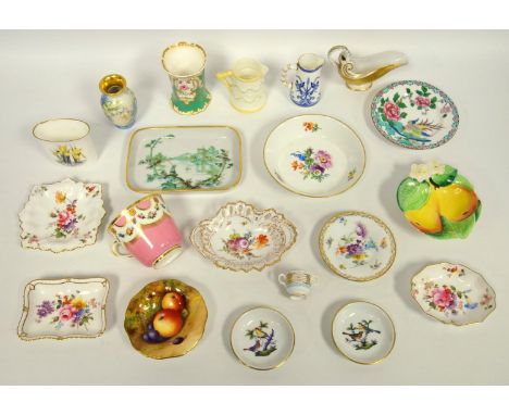 Royal Worcester fruit pin dish, signed, pin dishes by Derby, Meissen cup and saucer and others (21) 