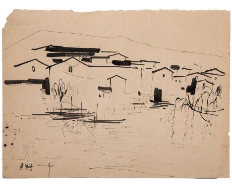 Chinese school, modelled on WU GUANZHONG; 20th century."Village View".Ink and graphite on paper.There are tears on the outer 