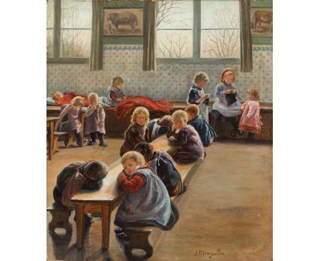 JULIA MINGUILLÓN IGLESIAS (Lugo, 1907 - Madrid, 1965)."Children at school".Oil on canvas.Presents restorations.Signed in the 